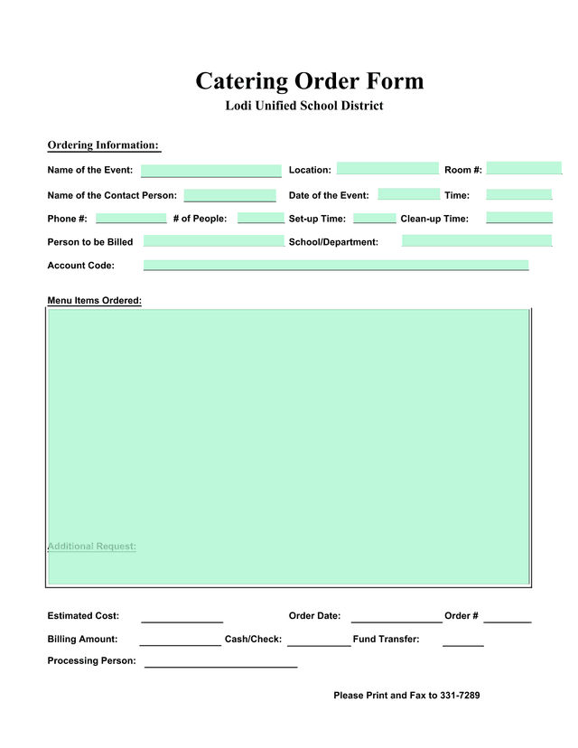 Catering Order Form screenshot