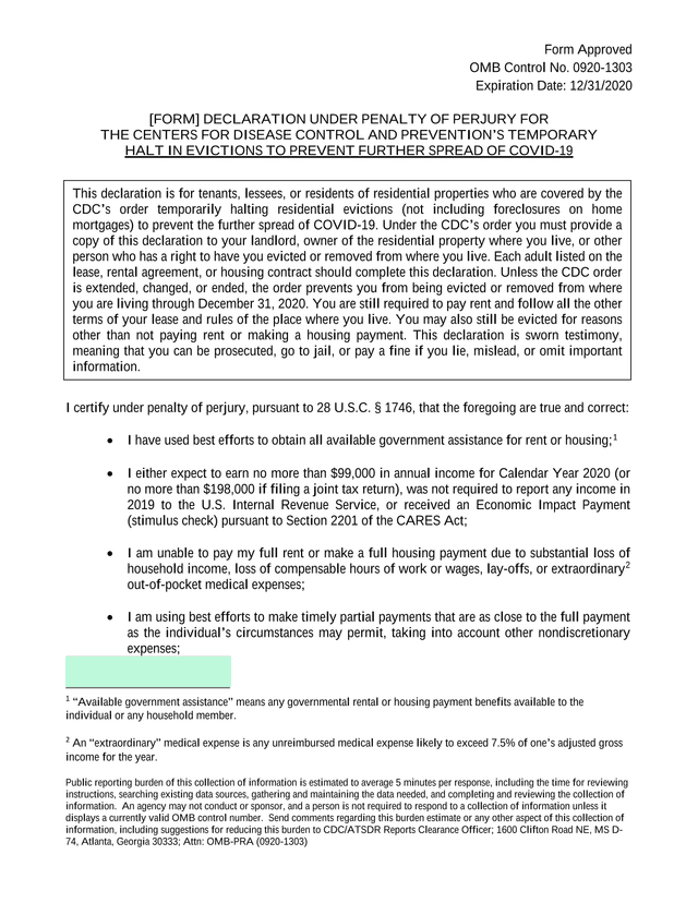 Declaration Under Penalty Of Perjury For The Centers For Disease Control And PreventionS Temporary H screenshot