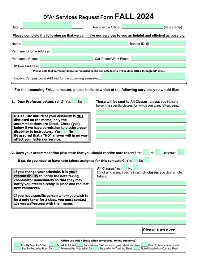 D2A2 Services Request Form FALL 2024 screenshot