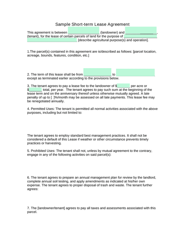 Sample Short Term Lease Agreement screenshot