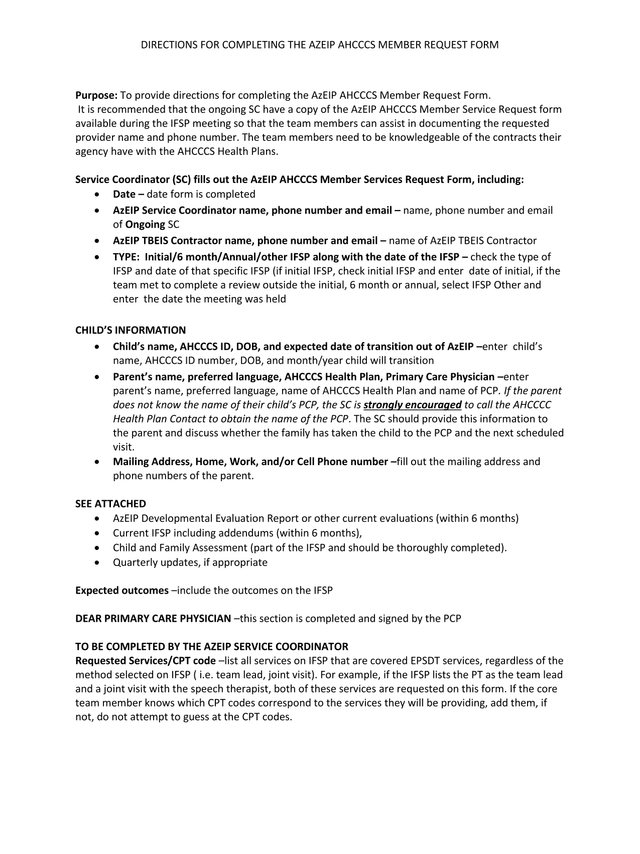DIRECTIONS FOR COMPLETING THE AZEIP AHCCCS MEMBER REQUEST FORM screenshot