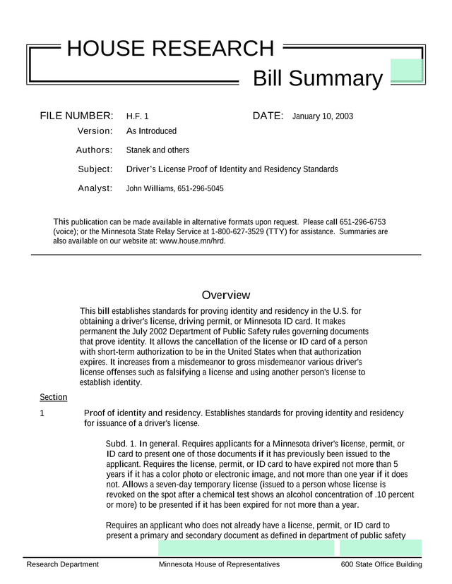 Bill Summary H.F. 1 screenshot