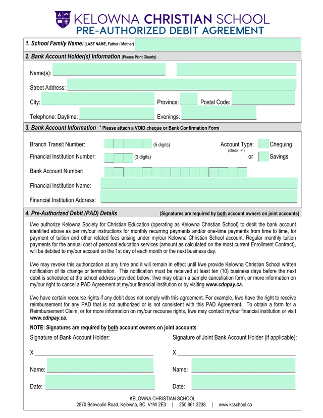 Pre Authorized Debit (PAD) Agreement screenshot