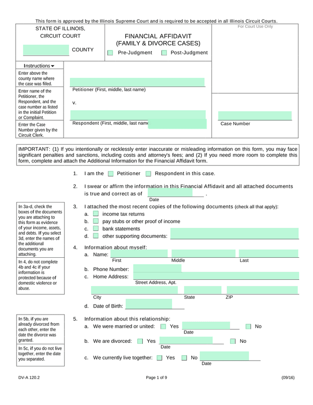 Financial Affidavit (Family  Divorce Cases) screenshot