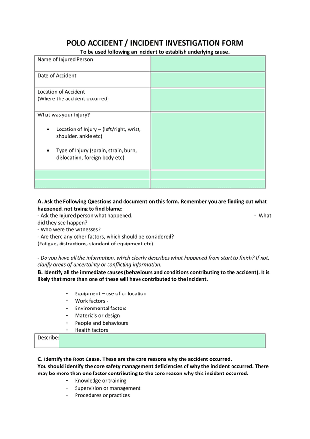 POLO ACCIDENT  INCIDENT INVESTIGATION FORM screenshot