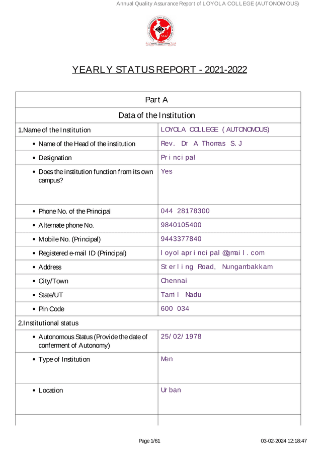 Annual Quality Assurance Report Of LOYOLA COLLEGE (AUTONOMOUS) screenshot