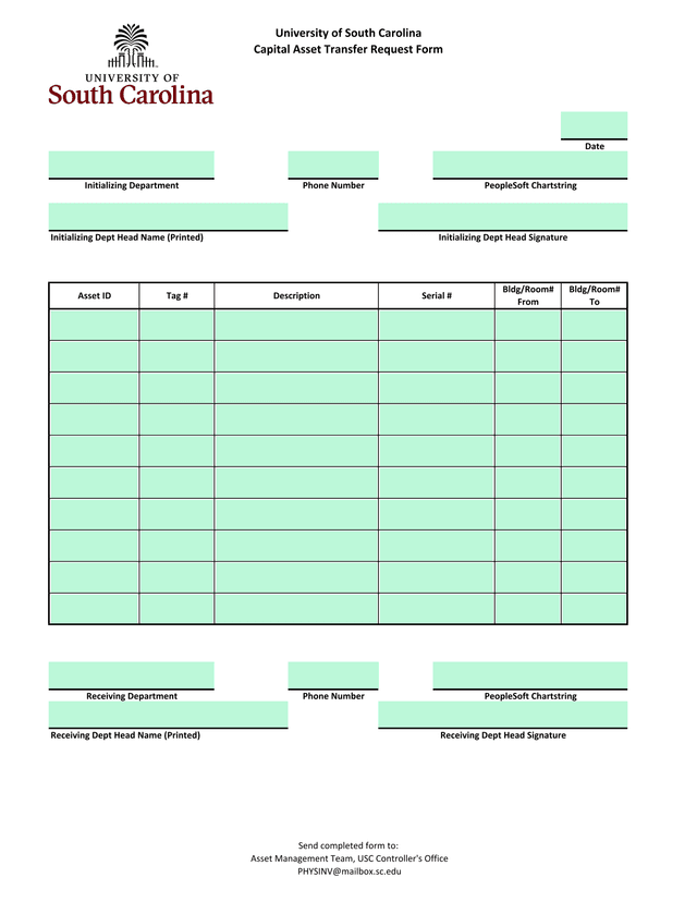 University Of South Carolina Capital Asset Transfer Request Form screenshot