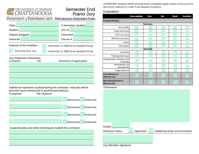 Semester End Piano Jury Performance Assessment Form screenshot