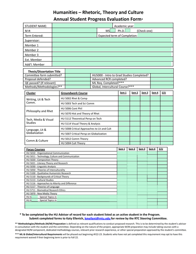 Annual Student Progress Evaluation Form screenshot
