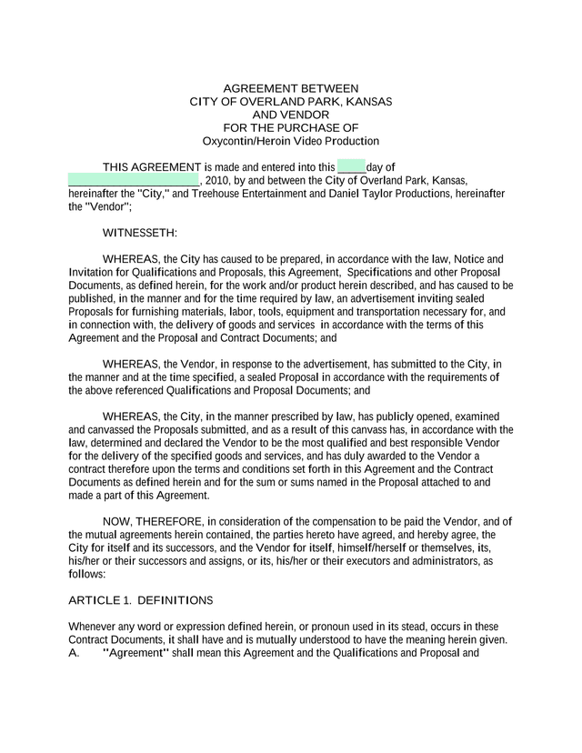 AGREEMENT BETWEEN CITY OF OVERLAND PARK, KANSAS AND VENDOR screenshot