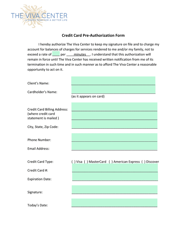 Credit Card Pre Authorization Form screenshot