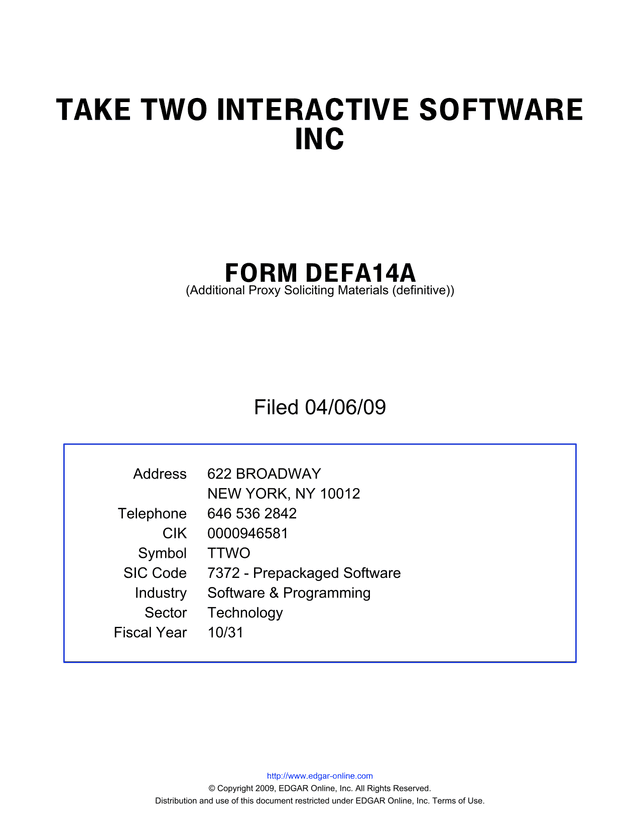 Take Two Interactive Software Inc Form DEFA14A screenshot