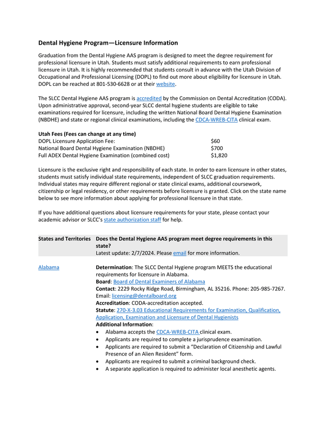 Dental Hygiene ProgramLicensure Information screenshot