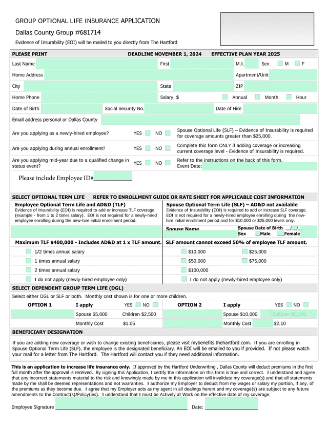 Group Optional Life Insurance Application screenshot