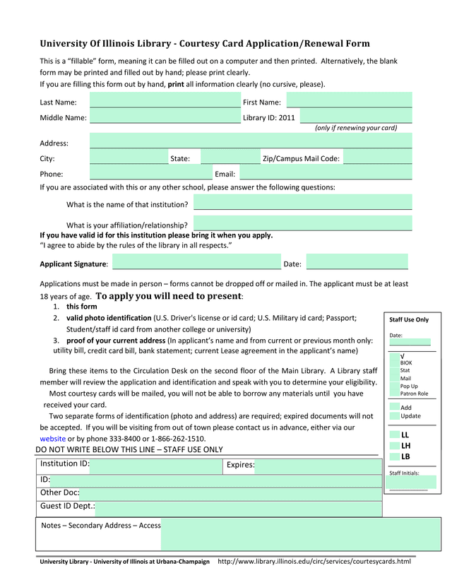 University Of Illinois Library   Courtesy Card ApplicationRenewal Form screenshot