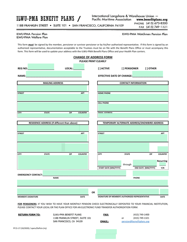 Change Of Address Form screenshot