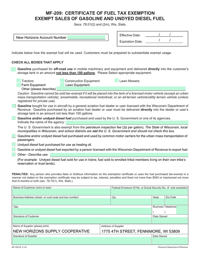 MF 209 Certificate Of Fuel Tax Exemption screenshot