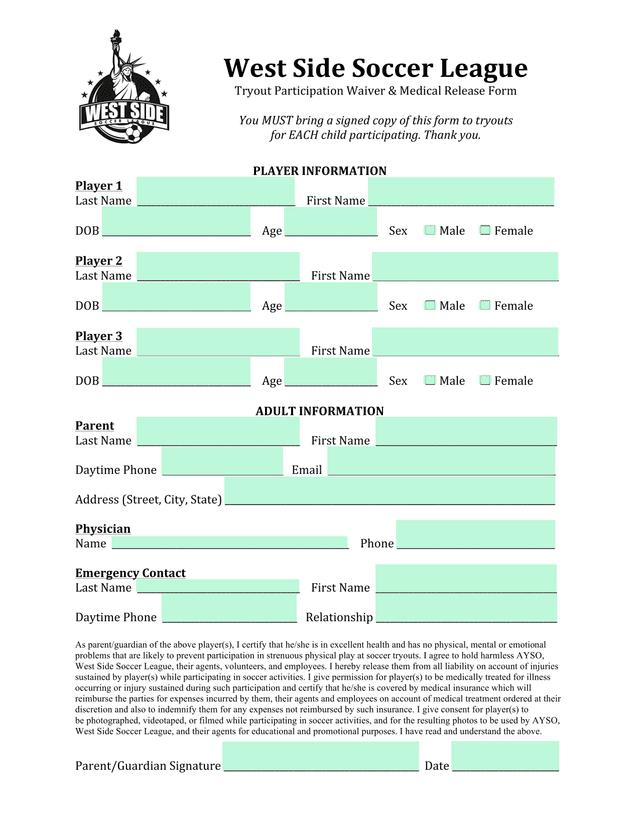 West Side Soccer League Tryout Participation Waiver  Medical screenshot