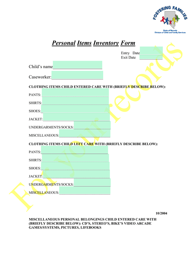 Personal Items Inventory Form screenshot