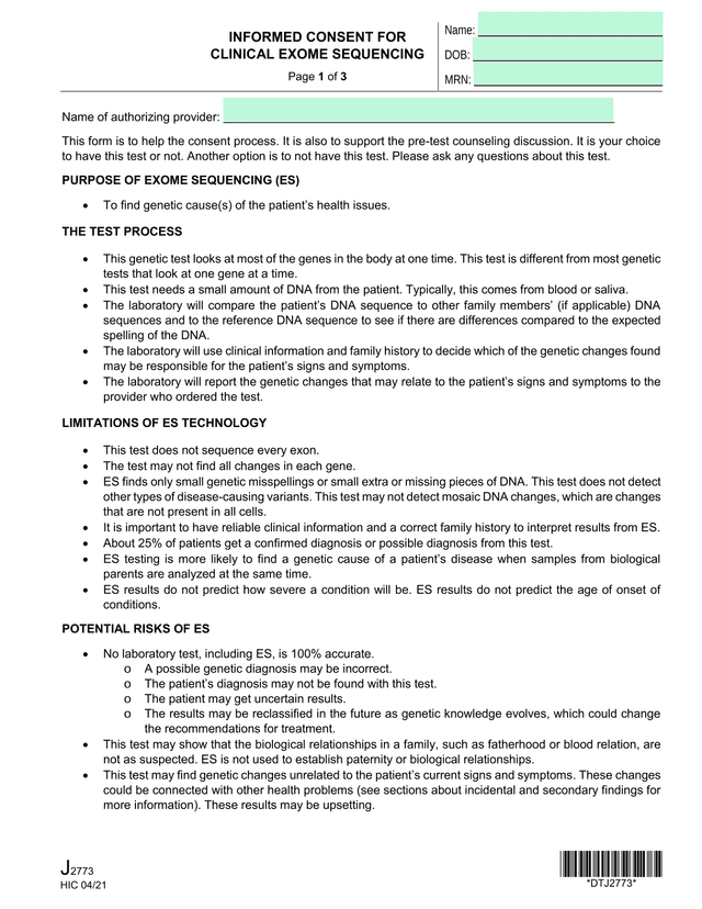 Informed Consent For Clinical Exome Sequencing screenshot