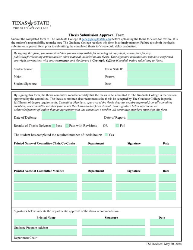 Thesis Submission Approval Form screenshot