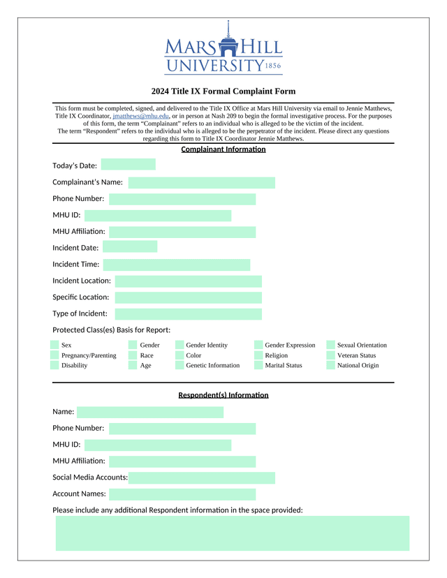 2024 Title IX Formal Complaint Form screenshot