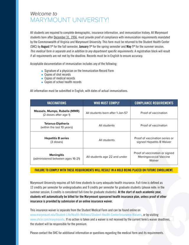 Marymount University Student Medical Form screenshot