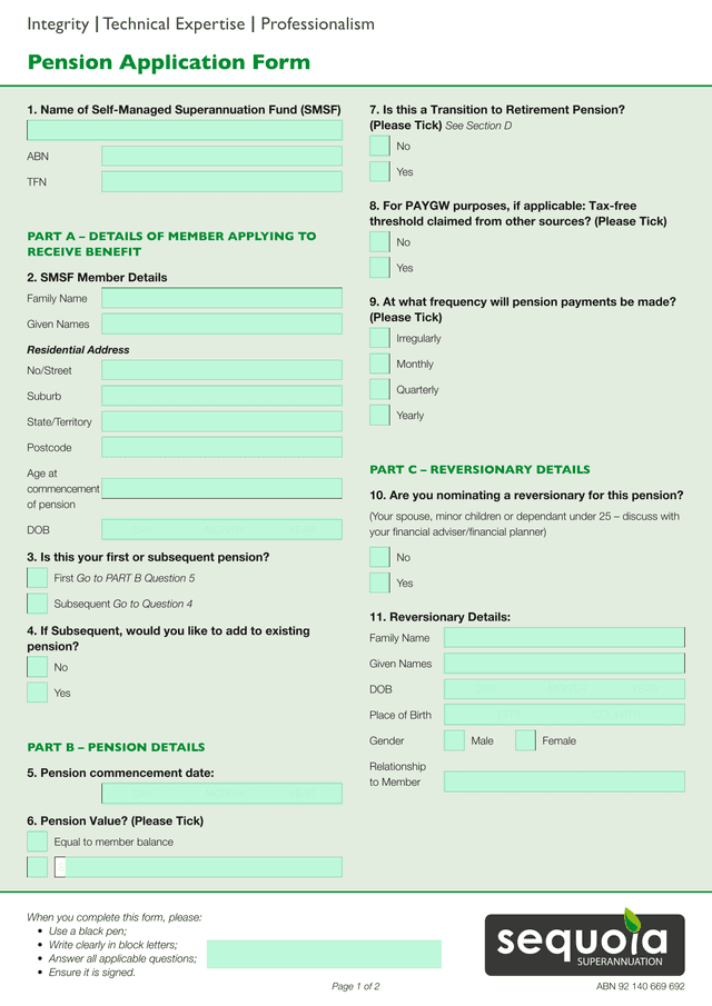 Pension Application Form screenshot