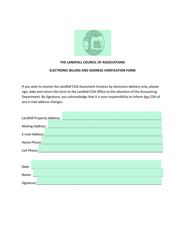 Electronic Billing And Address Verification Form screenshot