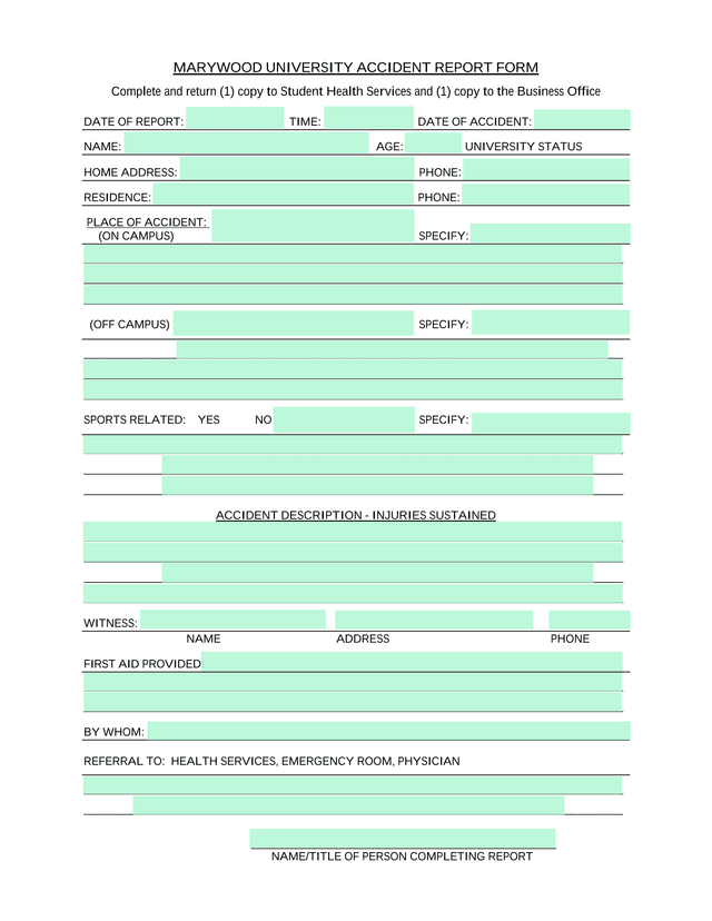 Marywood University Accident Report Form screenshot