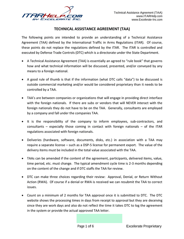 Technical Assistance Agreement (TAA) screenshot