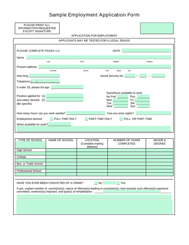 Sample Employment Application Form screenshot
