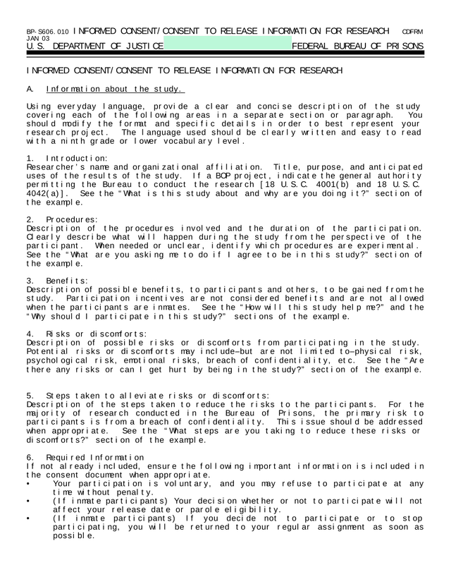 BP S606.010 INFORMED CONSENTCONSENT TO RELEASE INFORMATION FOR RESEARCH screenshot