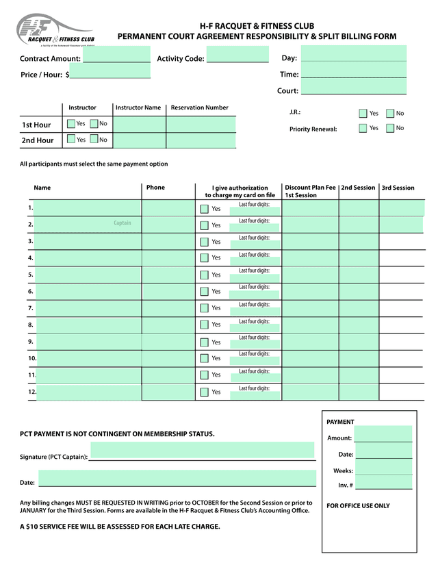 H F Racquet  Fitness Club Permanent Court Agreement Responsibility  Split Billing Form screenshot