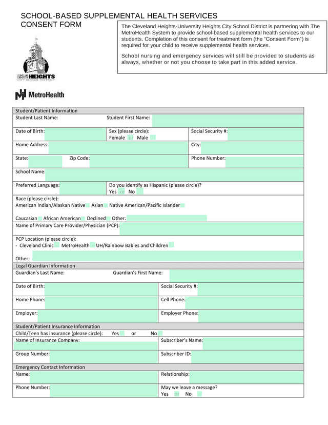 School Based Supplemental Health Services Consent Form screenshot