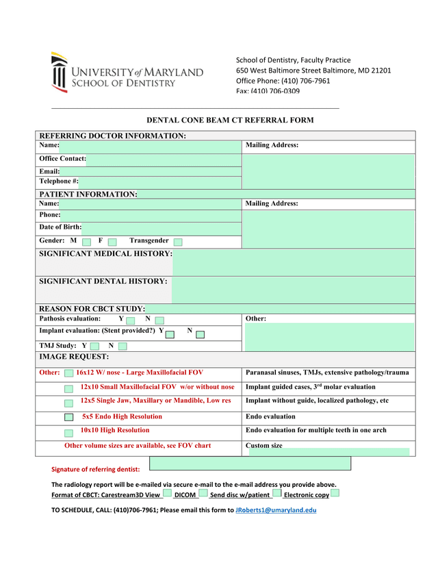 DENTAL CONE BEAM CT REFERRAL FORM screenshot