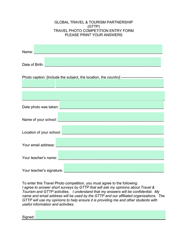 Global Travel  Tourism Partnership (GTTP) Travel Photo Competition Entry Form screenshot
