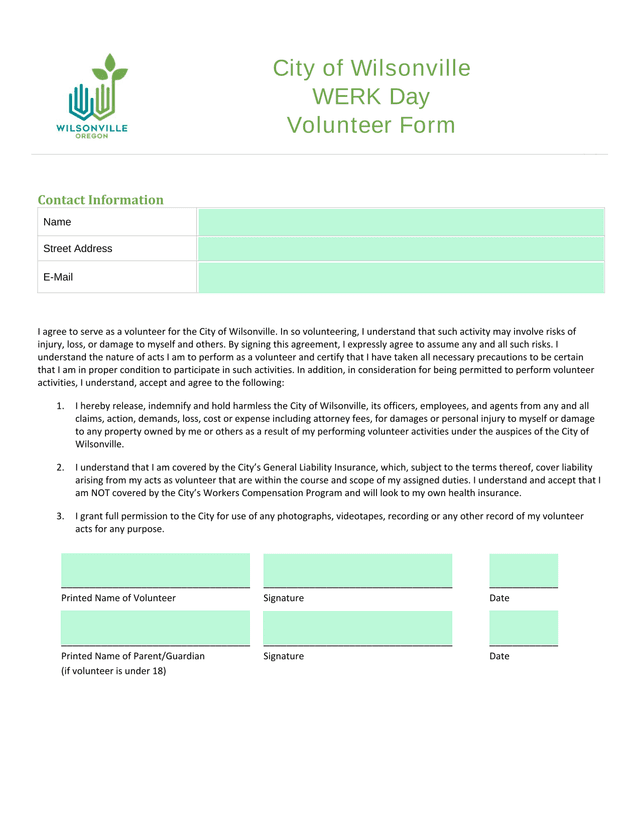 City Of Wilsonville WERK Day Volunteer Form screenshot