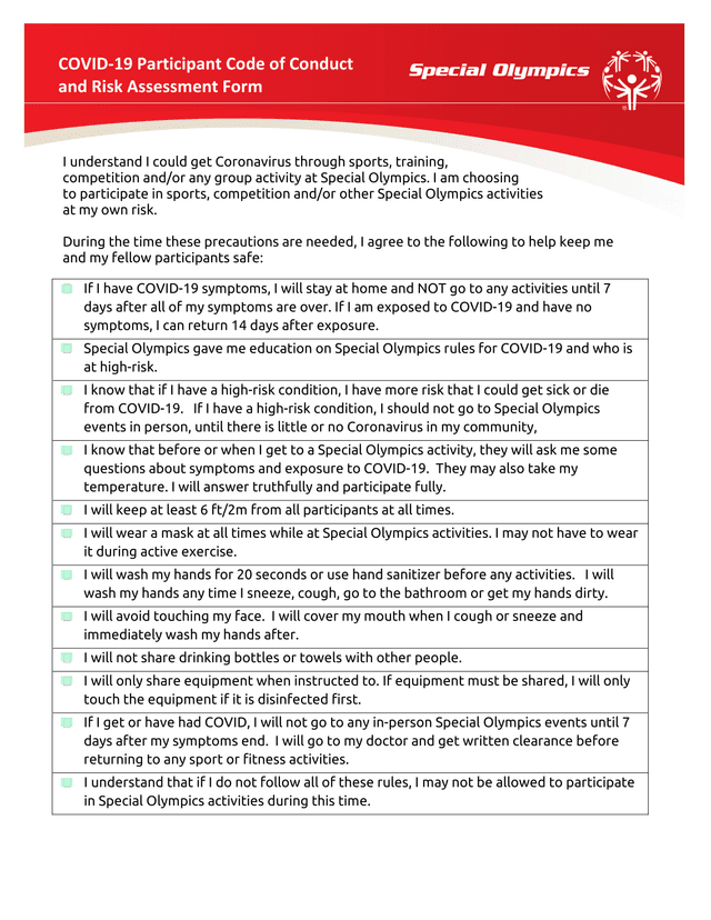 COVID 19 Participant Code Of Conduct And Risk Assessment Form screenshot