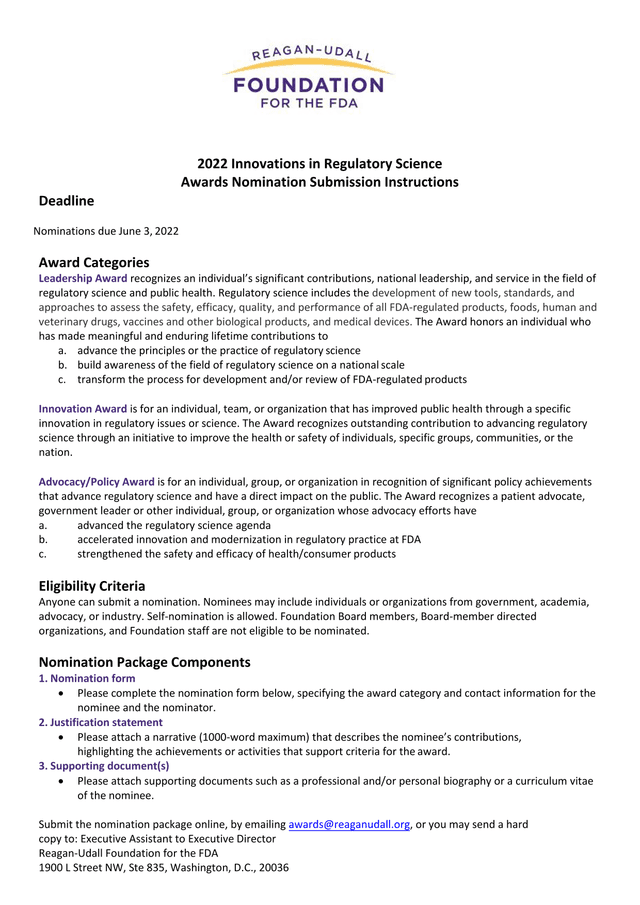 2022 Innovations In Regulatory Science Awards Nomination Submission Instructions screenshot