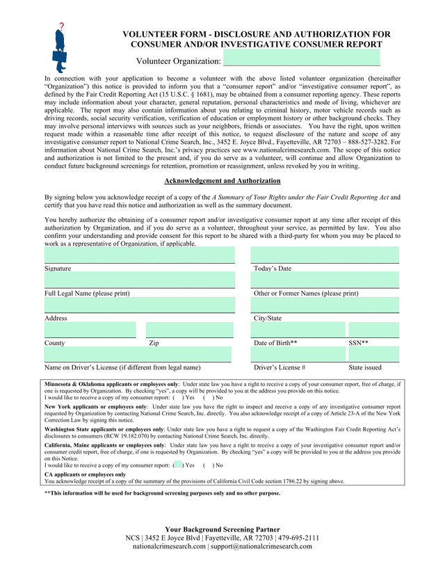 Volunteer Form   Disclosure And Authorization For Consumer AndOr Investigative Consumer Report screenshot