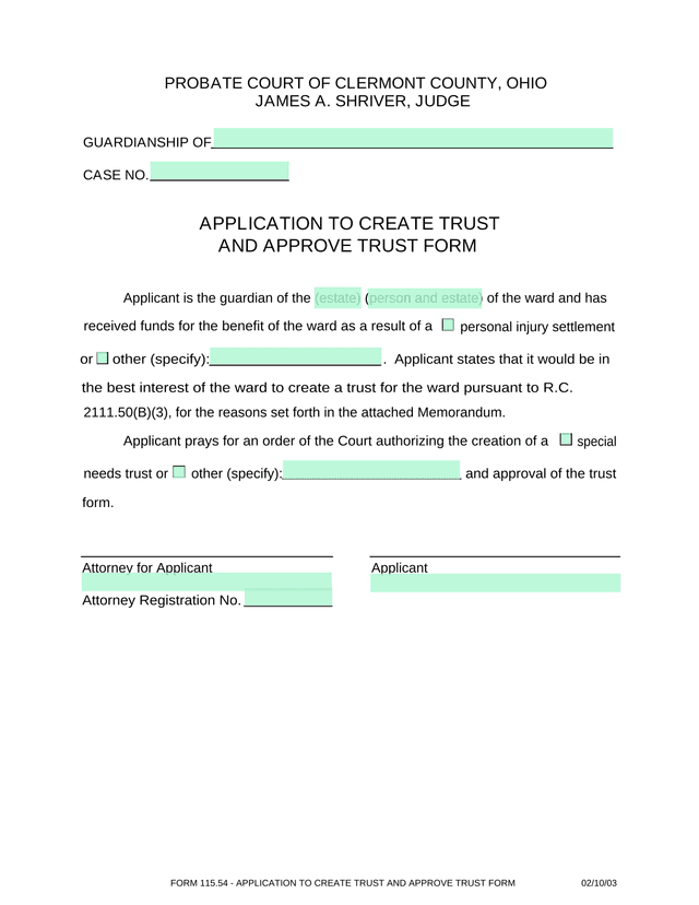 APPLICATION TO CREATE TRUST AND APPROVE TRUST FORM screenshot