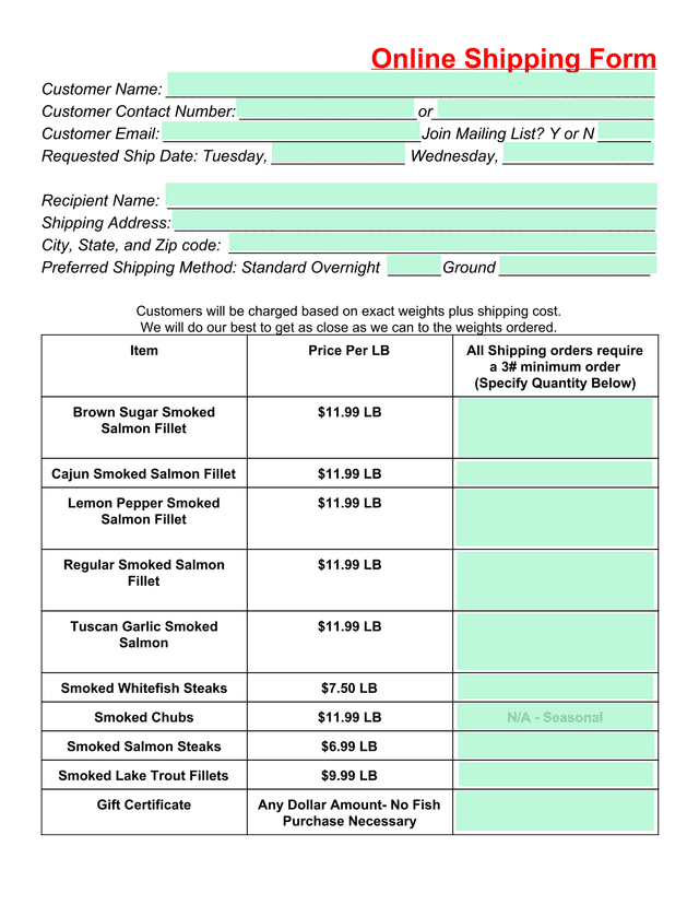 Online Shipping Form screenshot
