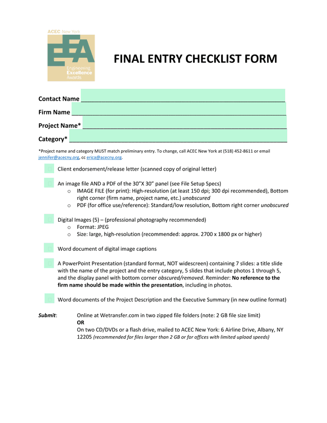 Final Entry Checklist Form screenshot