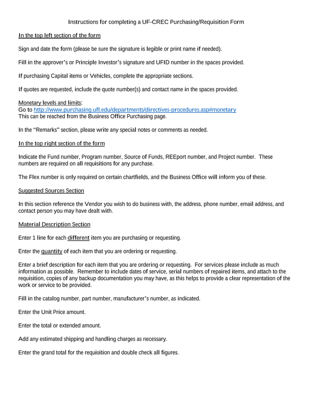 UF CREC PurchasingRequisition Form Instructions screenshot