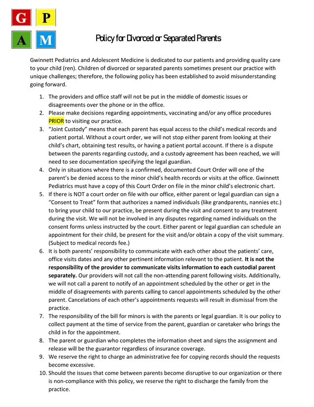 DivorcedSeparated Parents Policy screenshot