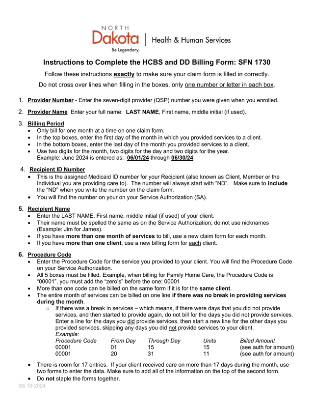 HCBS And DD Billing Form SFN 1730 screenshot