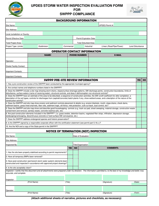 UPDES Storm Water Inspection Evaluation Form For SWPPP Compliance screenshot