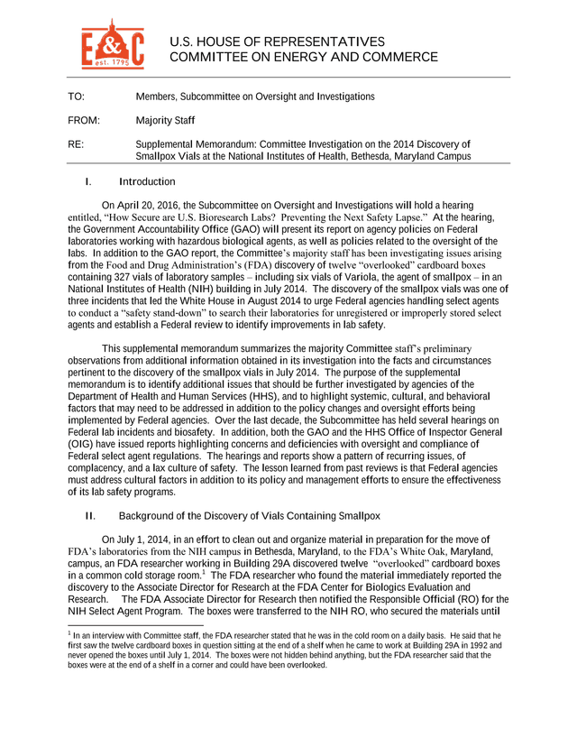 Supplemental Memorandum Committee Investigation On The 2014 Discovery Of Smallpox Vials At The Natio screenshot