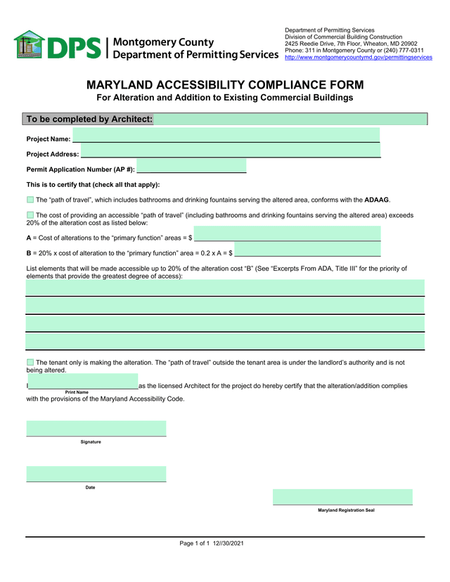 Maryland Accessibility Compliance Form screenshot